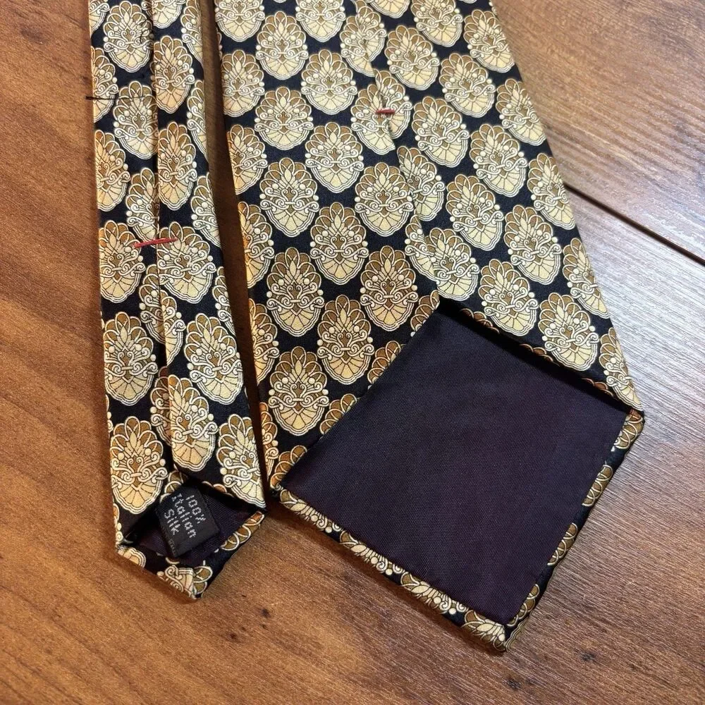 VTG Peter Thomas by Superba Men's Necktie Black Gold Medallion Italian Silk USA